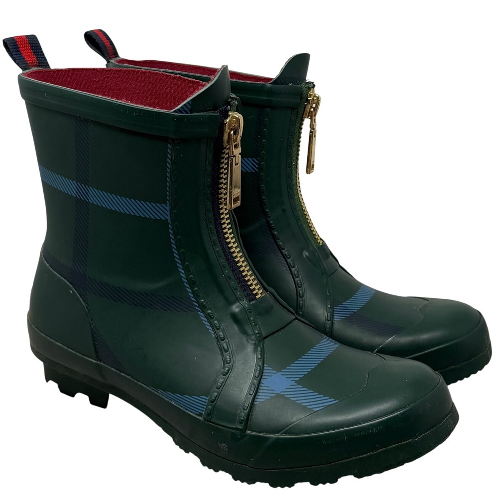 Tommy Hilfiger Womens Green Plaid Front Zip Rain Boots‎ TWRYANN2 Size 7
